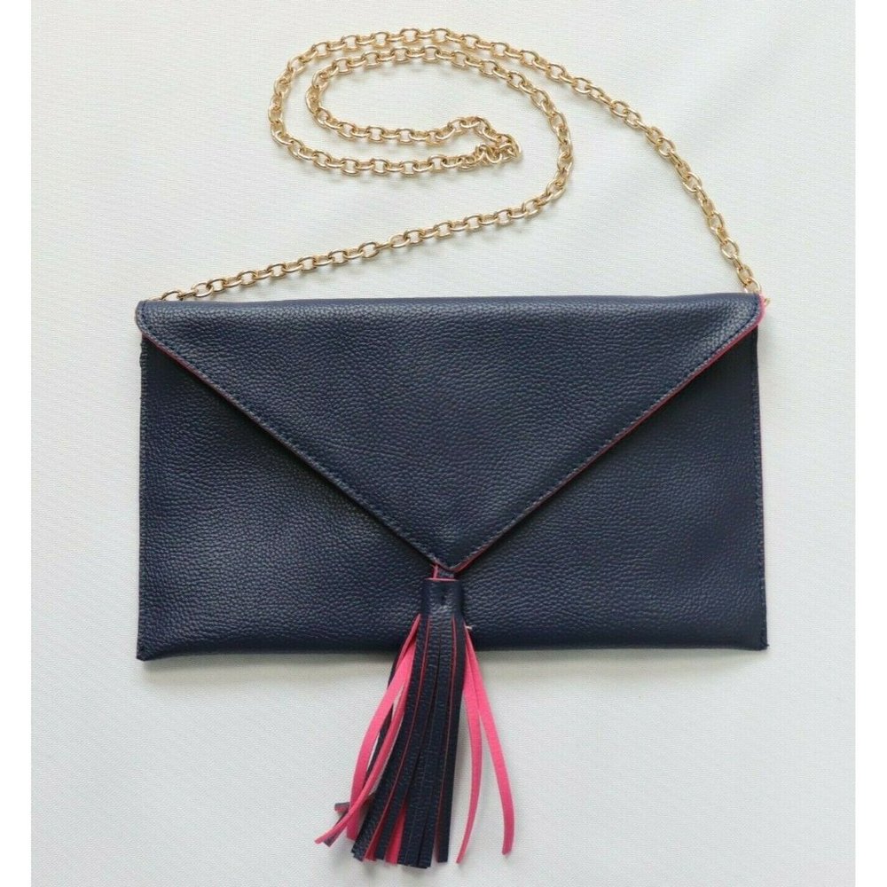 Neiman Marcus Navy Blue/Pink Clutch Purse with Removeable Gold Chain Crossbody